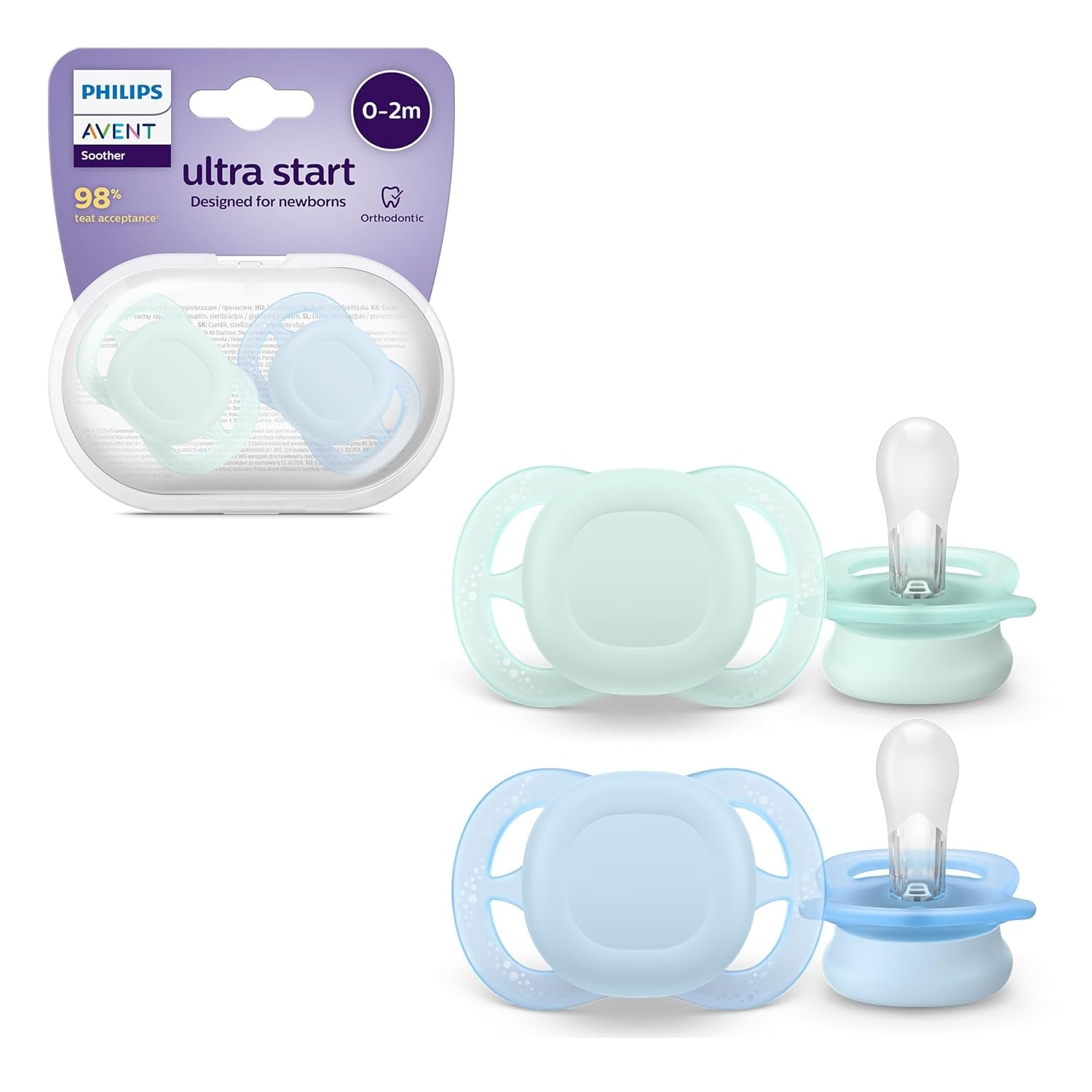 Philips AVENT Chupete nocturno Ultra Start, Chupete ortodóntico para recién nacidos, Brilla en la oscuridad, Sin BPA, con contenedor de esterilización, Paquete doble, Luna, Estrella, SCF075/07