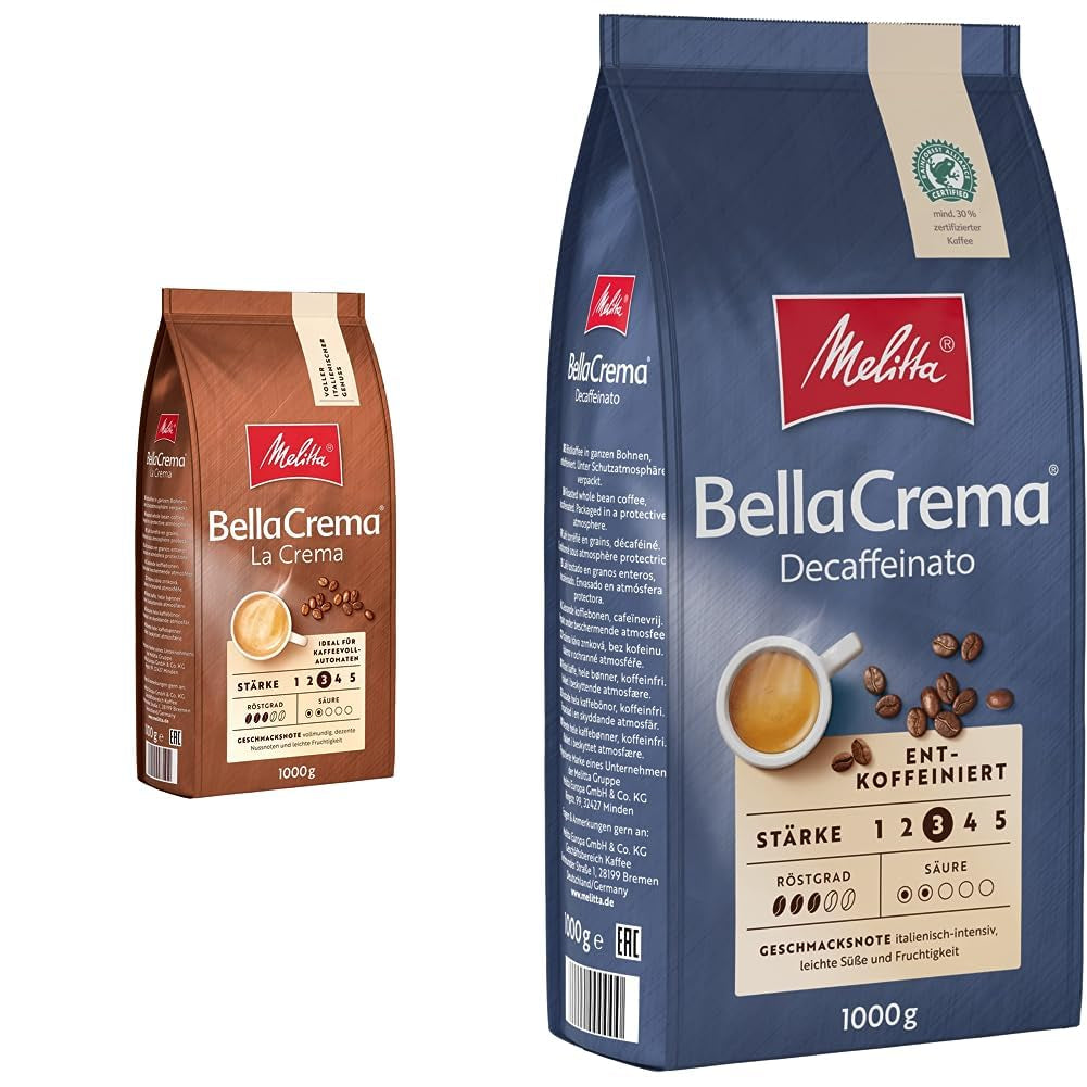 Melitta BellaCrema café en grano La Crema 1kg y café descafeinado BellaCrema Decaffeinato en grano 1kg
