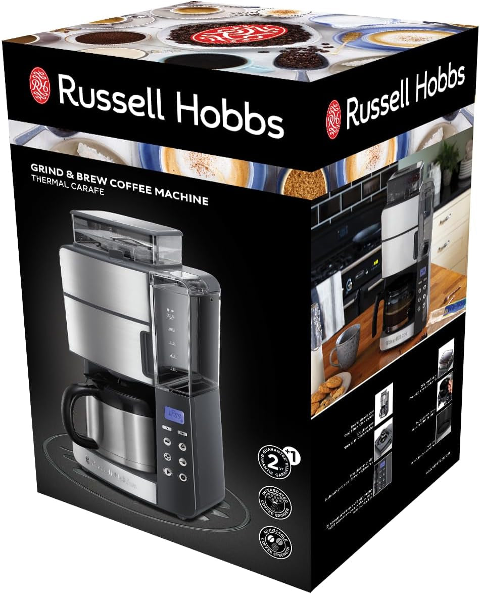 Cafetera Russell Hobbs con Molinillo y Jarra Térmica [Temporizador Digital, Cabezal de Ducha para una Extracción y Aroma Óptimo] Grind&Brew (1-10 Tazas, 3 Configuraciones de Molido) Cafetera de Filtro 25620-56