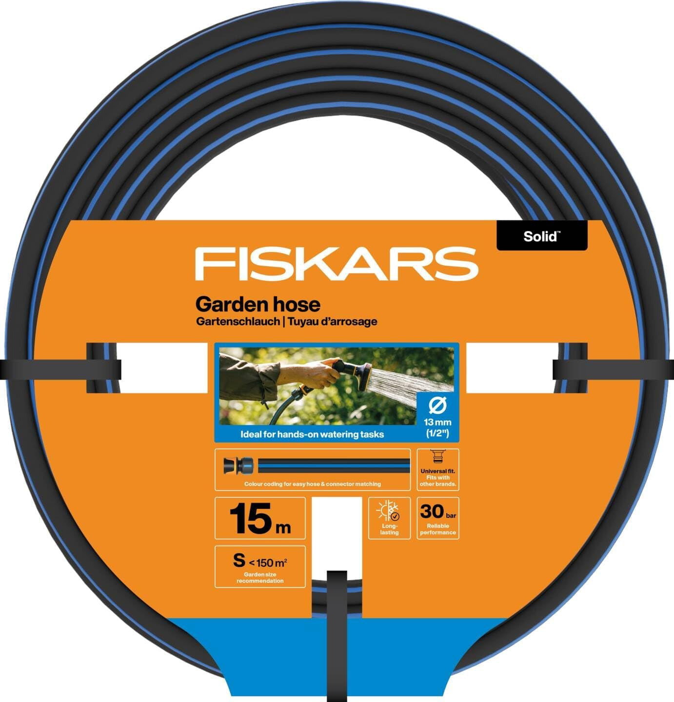 Fiskars Manguera de jardín S, Maciza, Manguera de agua para riego manual, 13 mm (1/2"), Longitud: 15 m, Conexión universal, Protección UV, Protección contra heladas, Resistente a la torsión, Azul, 1076049