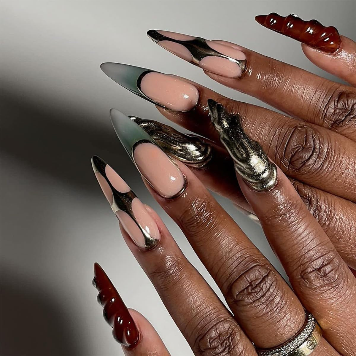 Mouyouglow-uñas largas Stiletto, color blanco lechoso, degradado, purpurina rosa, uñas postizas frescas con pegamento, uñas artificiales con purpurina rosa ombré