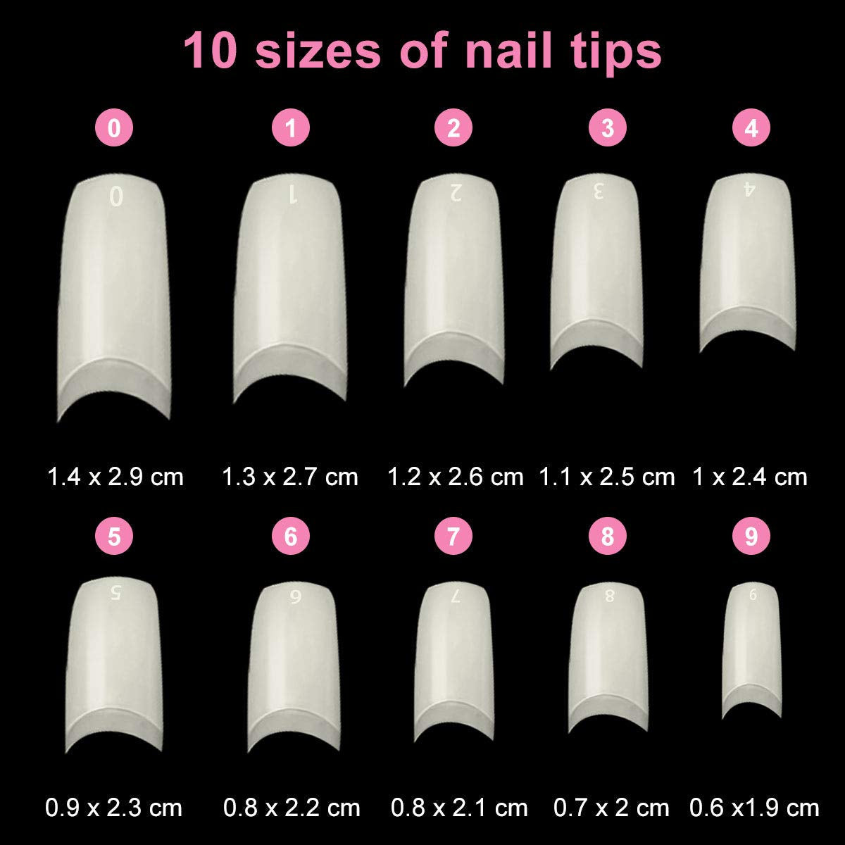 Uñas postizas 500 Uds. Uñas postizas artificiales de Color Natural, 10 tamaños DIY acrílico con caja, cepillo para uñas, empujador de cutículas, lima de uñas