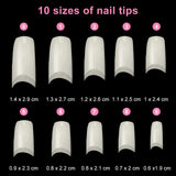Uñas postizas 500 Uds. Uñas postizas artificiales de Color Natural, 10 tamaños DIY acrílico con caja, cepillo para uñas, empujador de cutículas, lima de uñas