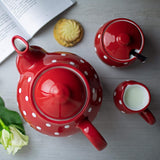 City to Cottage® - Juego de té grande | Rojo y Blanco | Puntos | Hecho a mano | Tetera de cerámica de 1,7 litros, jarra de leche, azucarero
