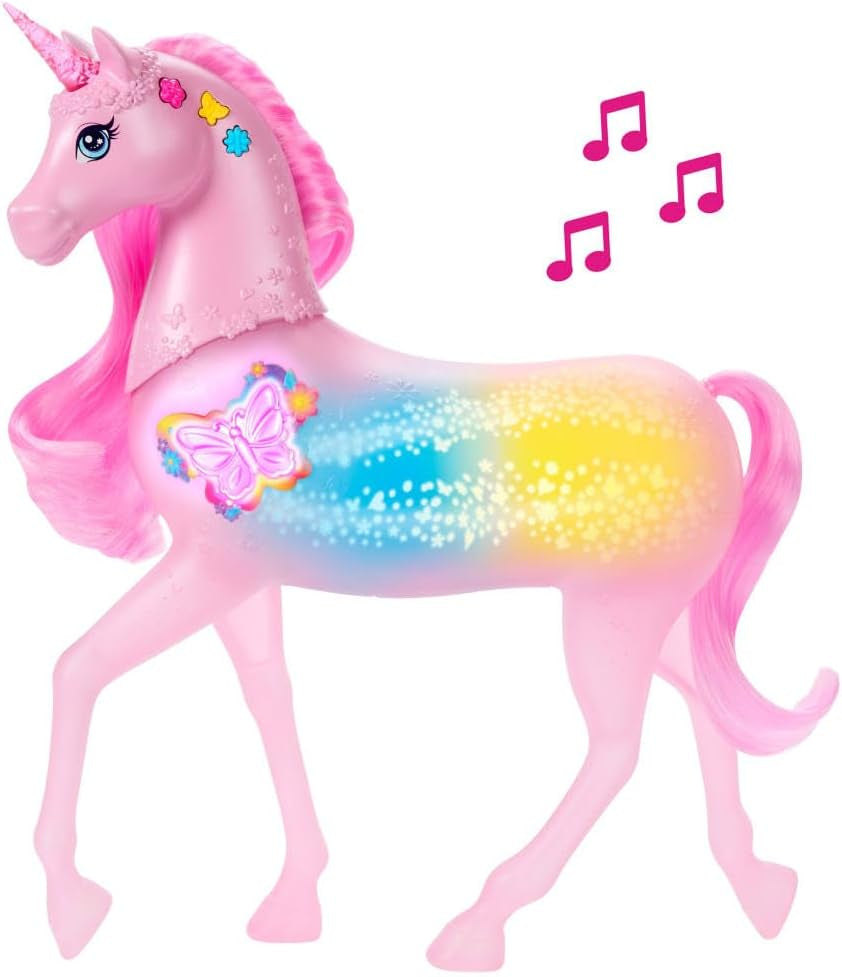 Barbie unicornio que brilla en la oscuridad con 20 combinaciones interactivas de efectos de luz, sonido y música para jugar con presionar un botón y acariciar la cabeza, JCP78
