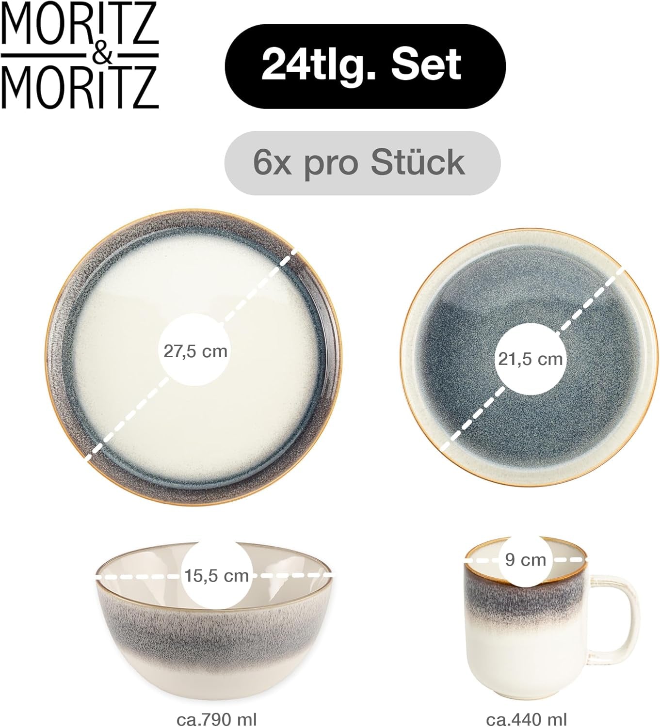 Moritz & Moritz TARENTO Vajilla para 6 personas de 24 piezas, gris - Elegante juego de platos de gres de alta calidad - El juego de vajilla incluye 6 platos llanos, 6 platos de postre, 6 platos llanos y 6 tazas