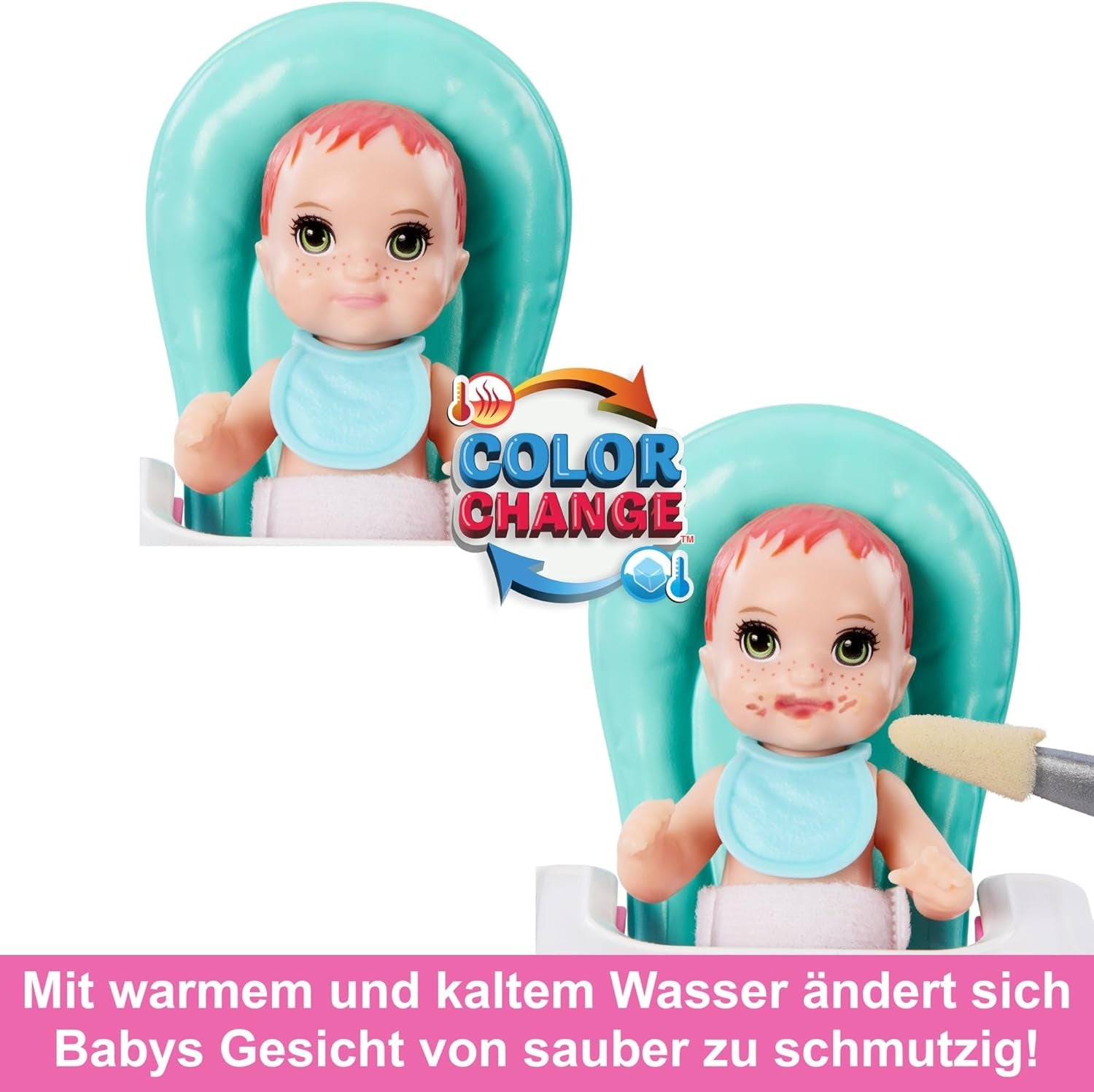 Muñeca Barbie Skipper y accesorios, juego de comida, juego de niñera, juguete que cambia de color HTK35