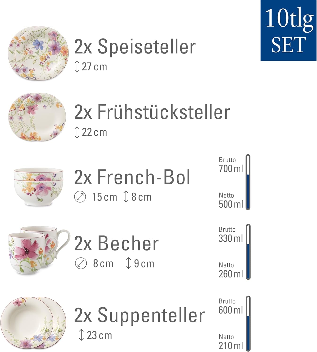 Villeroy & Boch Mariefleur Starter Set, Colores Surtidos, Apto para Lavavajillas, Microondas, Vajilla para 2, Vajilla Floral, Vajilla, Vajilla Combinada, Porcelana Premium