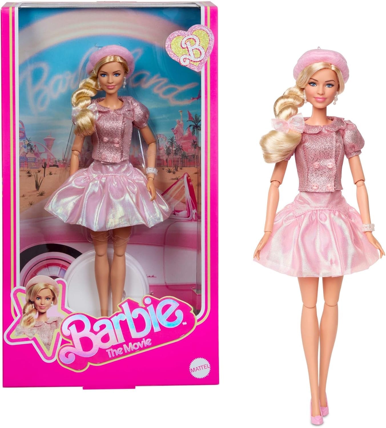 Barbie La película basada en la película Margot Robbie como figura coleccionable de Barbie con blusa rosa y falda de tul con peinado estilizado y joyas a juego JBJ53