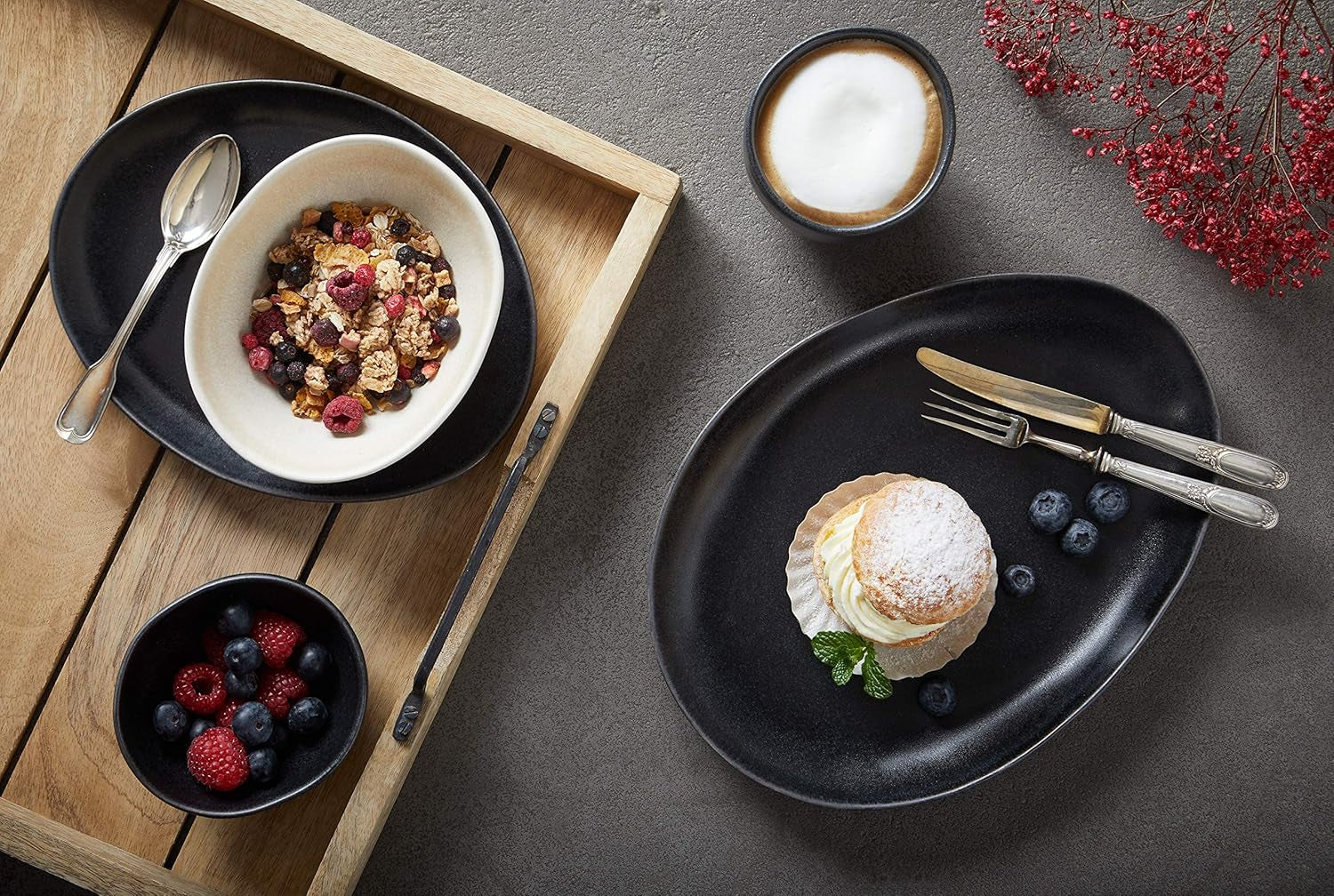 CreaTable, 22139, Serie PIETRA, Vajilla de 4 Piezas para 4, Juego de Platos de Porcelana, Apto para Lavavajillas y Microondas, Fabricado en Europa