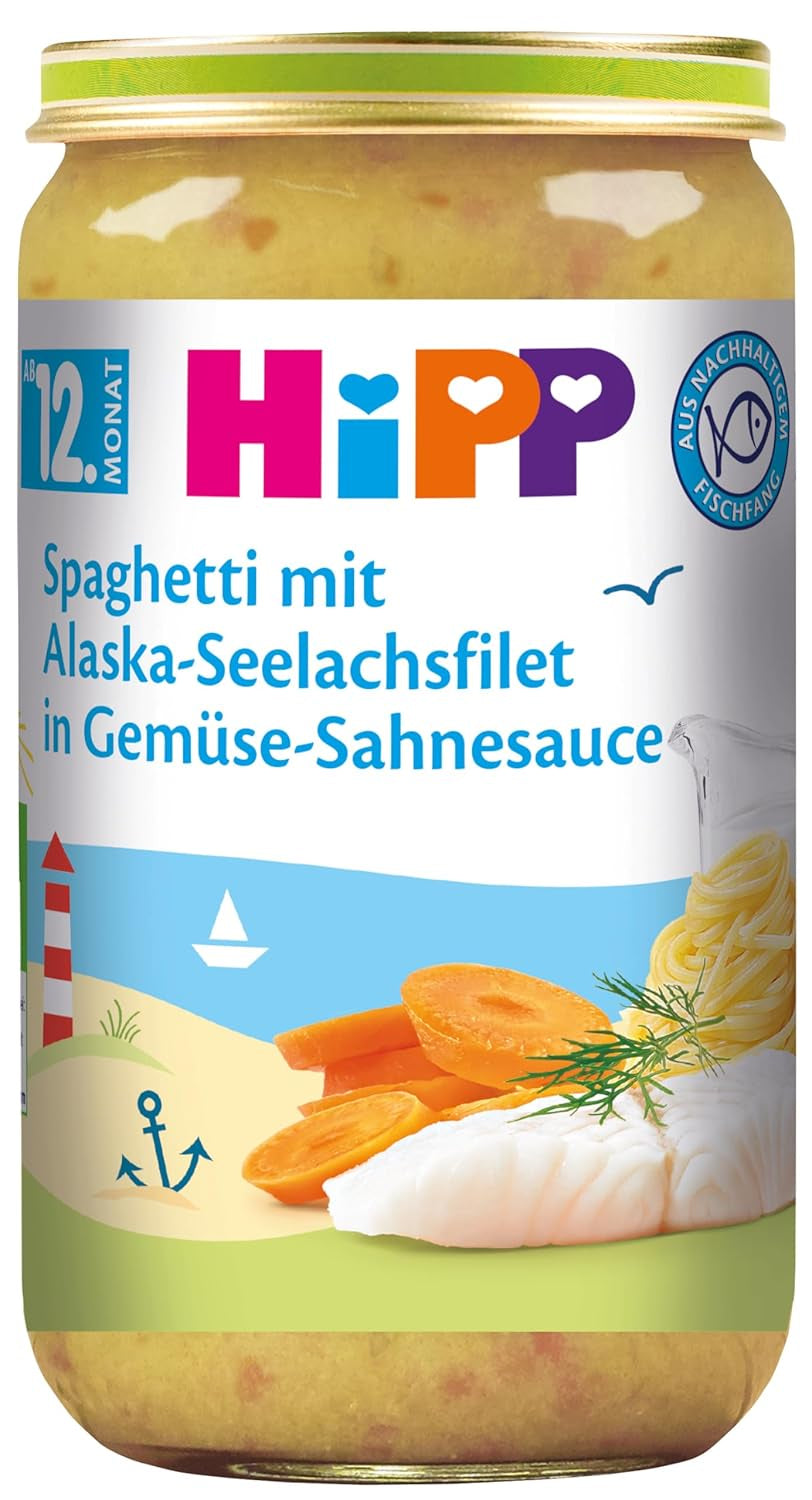 HiPP Espaguetis con filetes de abadejo de Alaska en salsa cremosa de verduras, paquete de 6 (6 x 250 g)