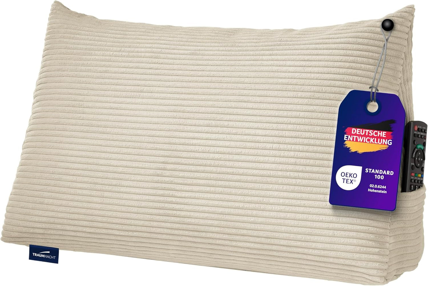 Traumnacht Cosy Back cojín de lectura, 70 x 40 cm beige, funda desenfundable y lavable de 100% poliéster, práctico bolsillo lateral, certificado Öko-Tex, fabricado según los estándares de calidad alemanes
