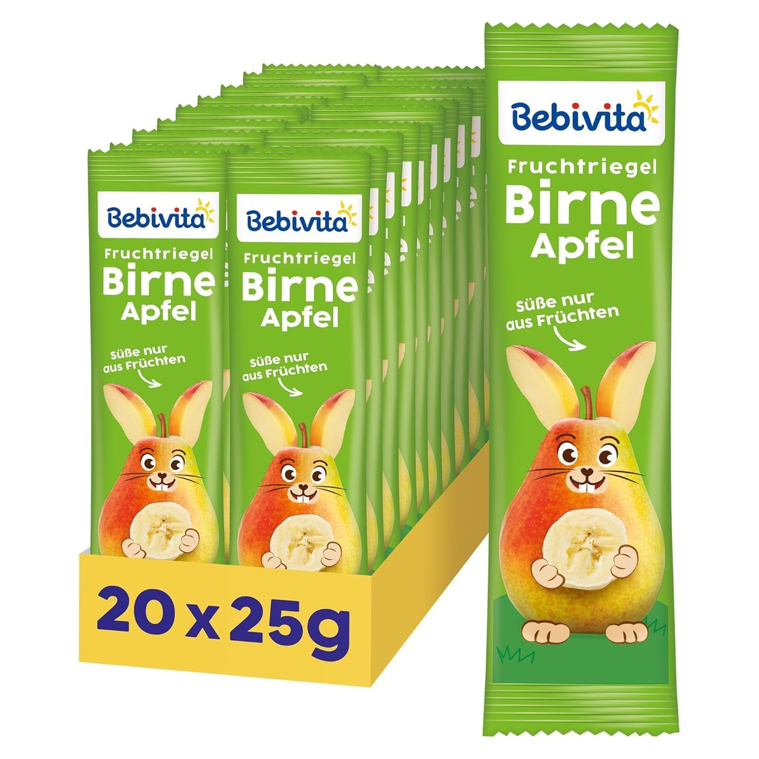 Barritas de fruta de pera y manzana (20 x 25g), endulzadas únicamente con fruta, perfecto snack entre horas, elaboradas a partir de ingredientes estrictamente controlados y seleccionados.