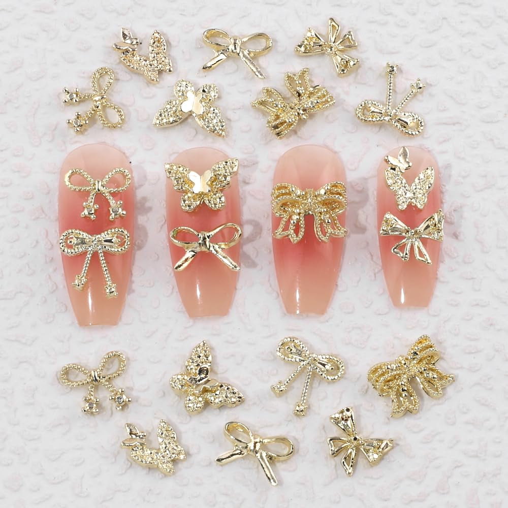 50Stück 3D Lazo Dorado Nail Charms Mariposa Nail Art Charms Legierung Bogen Nagel Charms Nägel Zubehör Schleife Nagelschmuck Metall Schleifen Schmetterling Nageldesign Nagelanhänger Nailart Strasssteine