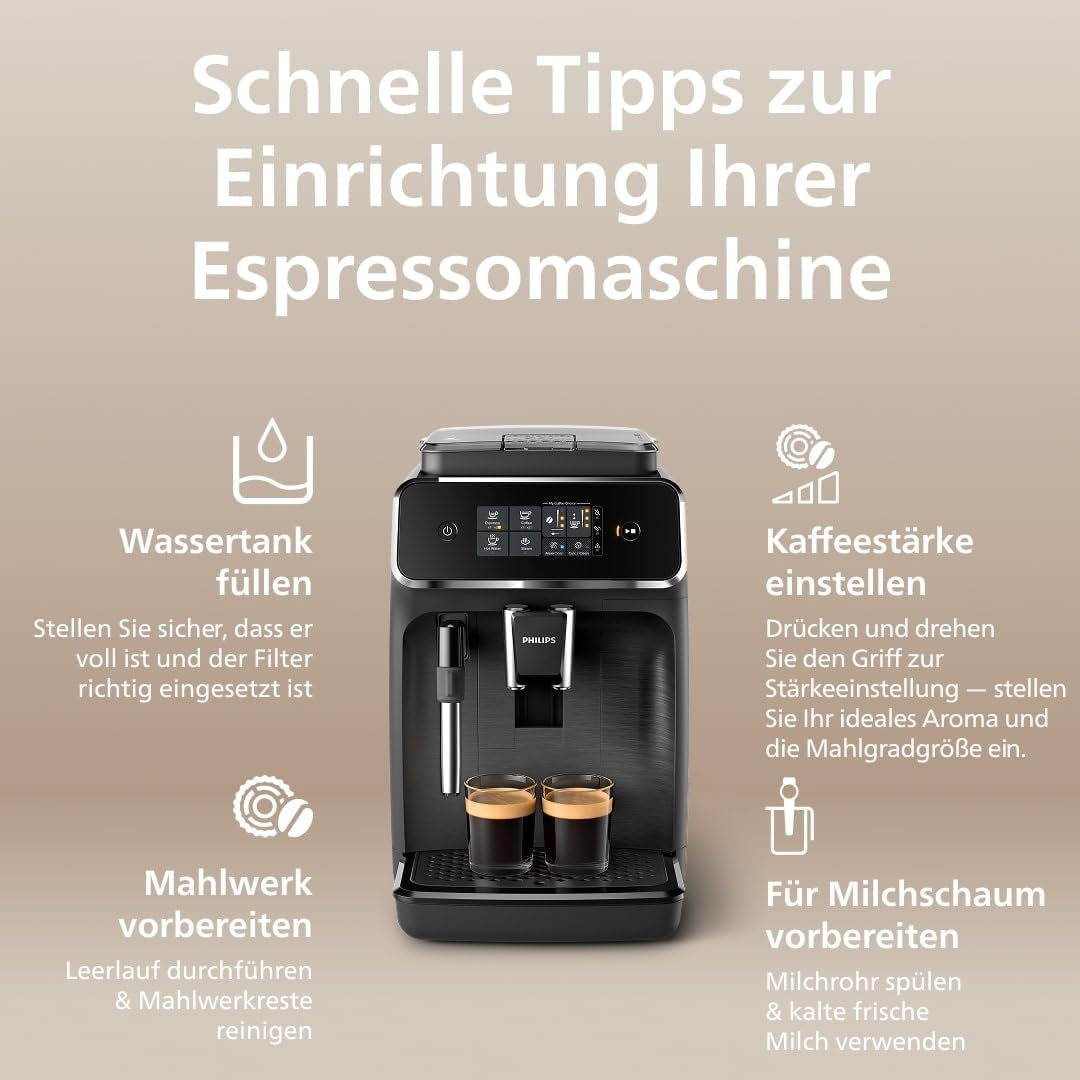 PHILIPS Cafetera espresso automática serie 2200 - 2 especialidades de café, pantalla táctil, espumador de leche clásico, molinillo cerámico, negro mate (EP2220/10)