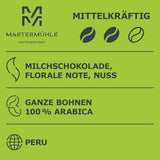 Martermühle Peru Bio Kaffeebohnen 1kg mittelkräftig I Arábica I Aroma: Chocolate con leche, Notas florales, Nueces I Ganze Bio Kaffee-Bohnen schonend geröstet, säurearm