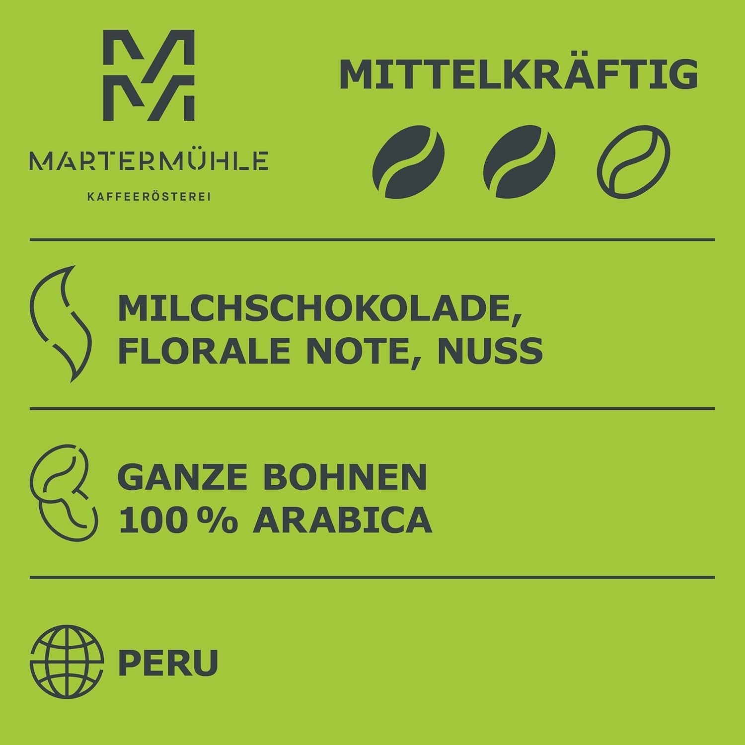 Martermühle Peru Bio Kaffeebohnen 1kg mittelkräftig I Arábica I Aroma: Chocolate con leche, Notas florales, Nueces I Ganze Bio Kaffee-Bohnen schonend geröstet, säurearm