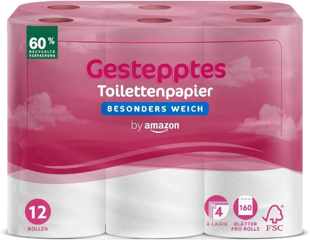 By Amazon Papel higiénico, acolchado de 4 capas, extra suave, 48 rollos (12 rollos, paquete de 4), 160 hojas por rollo, certificado Fsc