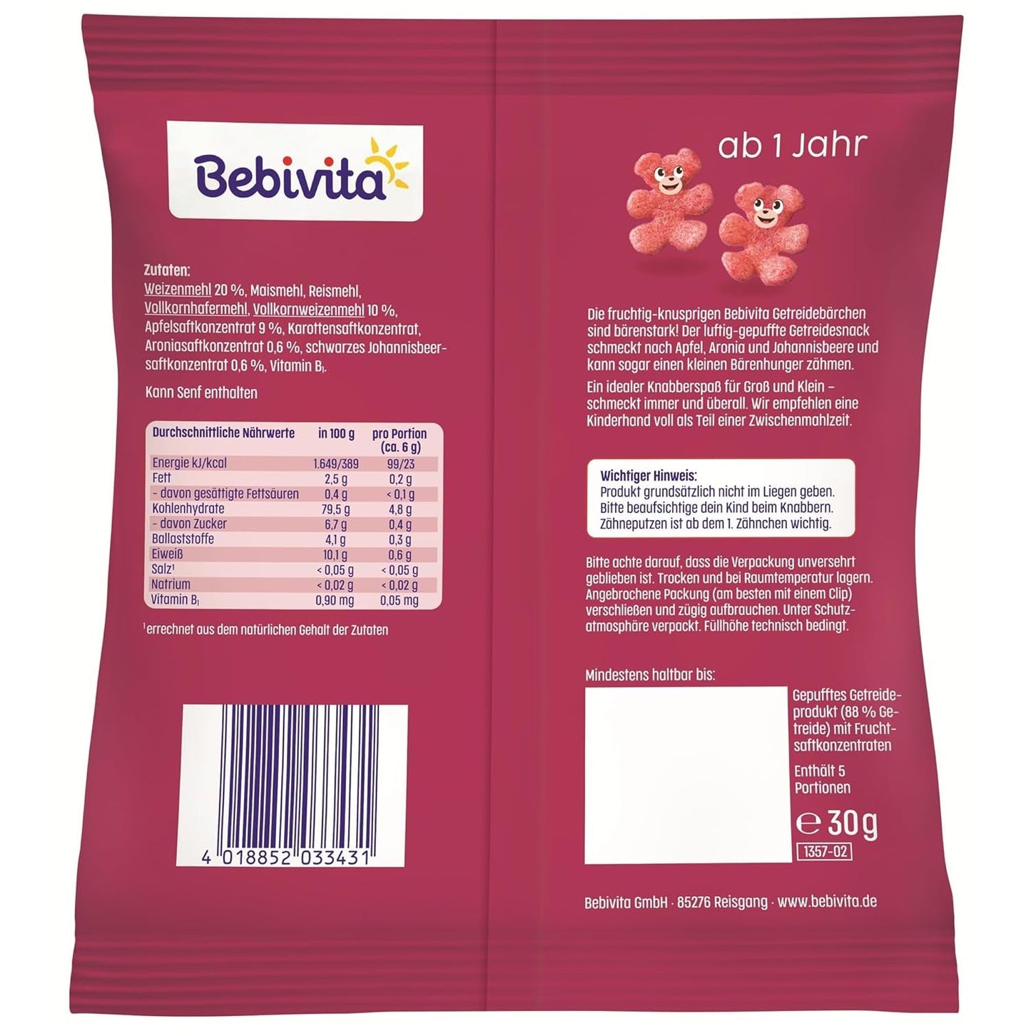 Ositos de cereales con superfrutas (9 x 30 g): snacks para niños a partir de 1 año, endulzados únicamente con fruta, diversión ideal para toda la familia