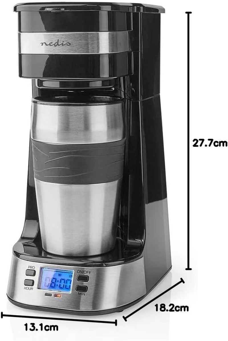 NEDIS Espressor - Café filtrado - 0,4 l - 1 taza - Temporizador - Negro / Plata