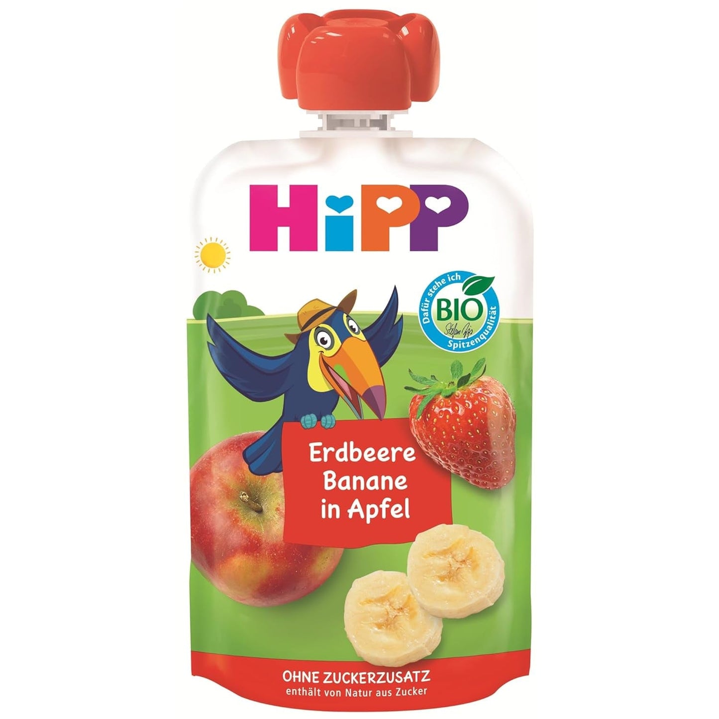 HiPP Bolsa de fruta ecológica exprimible con fresas y plátanos color manzana - Theo Tukan (8 x 100g), a partir de 1 año, 100% puré de fruta, sin azúcares añadidos, vegano, la mejor calidad ecológica