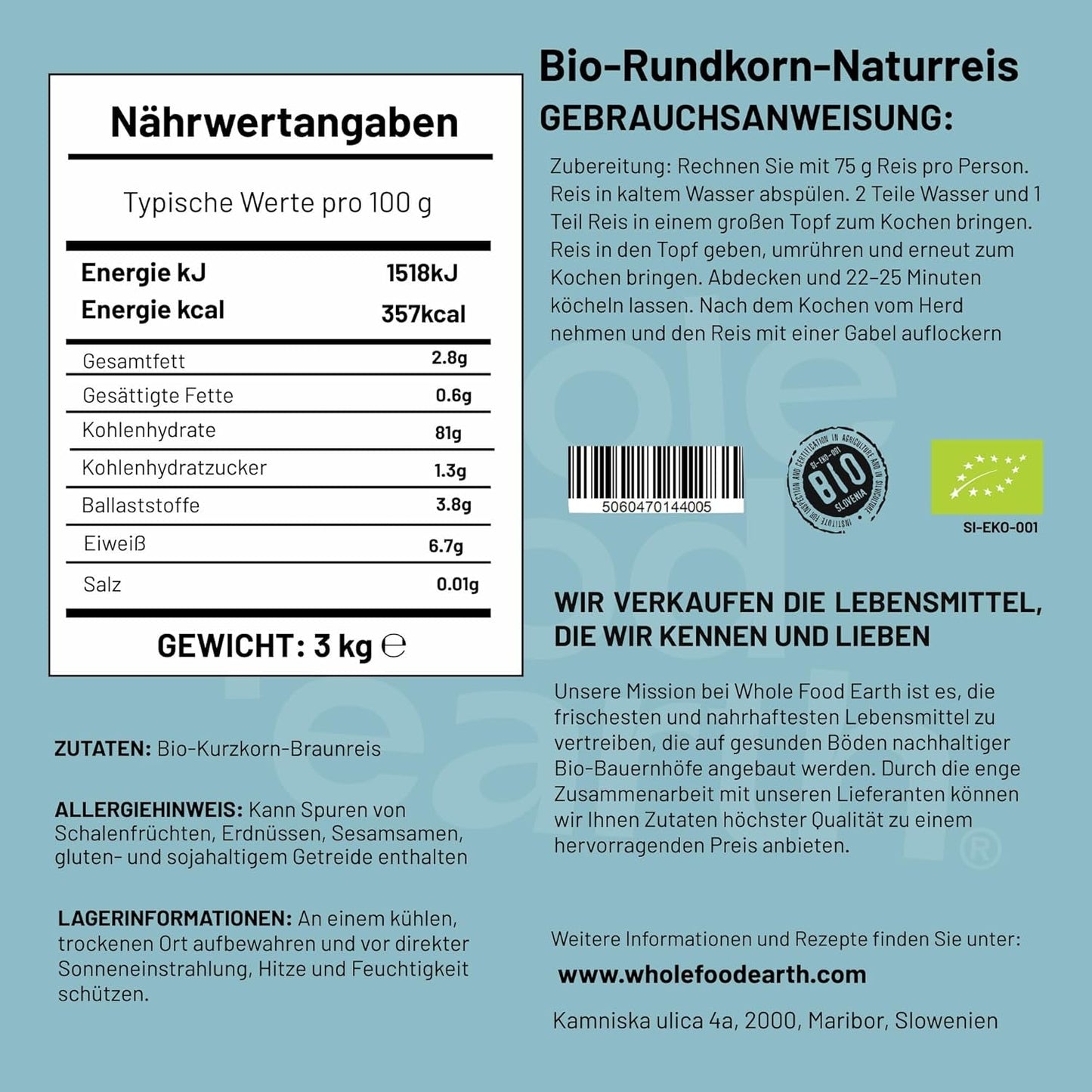 Wholefood Earth Arroz integral orgánico de grano corto 3 kg Sin OGM Vegano Fuente de fibra procedente de agricultura ecológica controlada