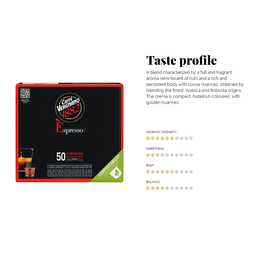 Caffè Vergnano 1882 - Èspresso Kompostierbare Kaffeekapseln, Compatible con Nespresso, Cremoso (Cremoso) - Packung Enthält 50 Kapseln