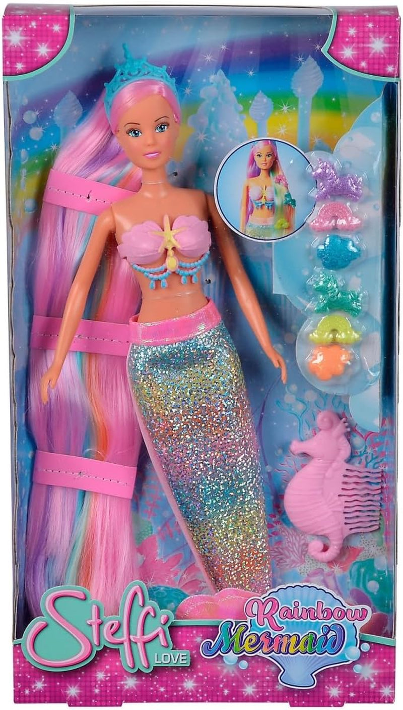 Simba 105733610 - Steffi Love Rainbow Mermaid, muñeca fashion sirena arcoíris con pelo de colores, pinzas para el pelo, peine y aleta desmontable, muñeca de juego 29 cm, a partir de 3 años