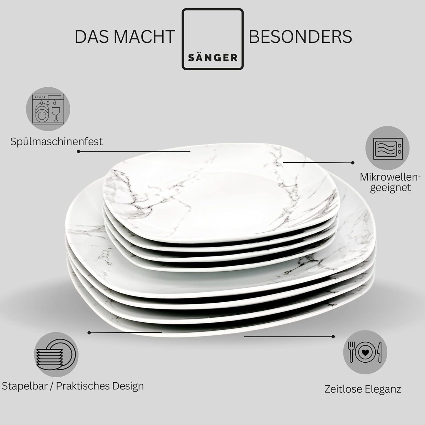 SANGER | Bilgola Juego de vajilla combinada de mármol Juego de vajilla de 36 piezas para 6 con platos llanos, platos de postre, platos de suma, tazones de cereales, platos de café y platillos de porcelana, cuadrado | LA COLECCIÓN PREMIUM