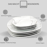 SANGER | Bilgola Juego de vajilla combinada de mármol Juego de vajilla de 36 piezas para 6 con platos llanos, platos de postre, platos de suma, tazones de cereales, platos de café y platillos de porcelana, cuadrado | LA COLECCIÓN PREMIUM