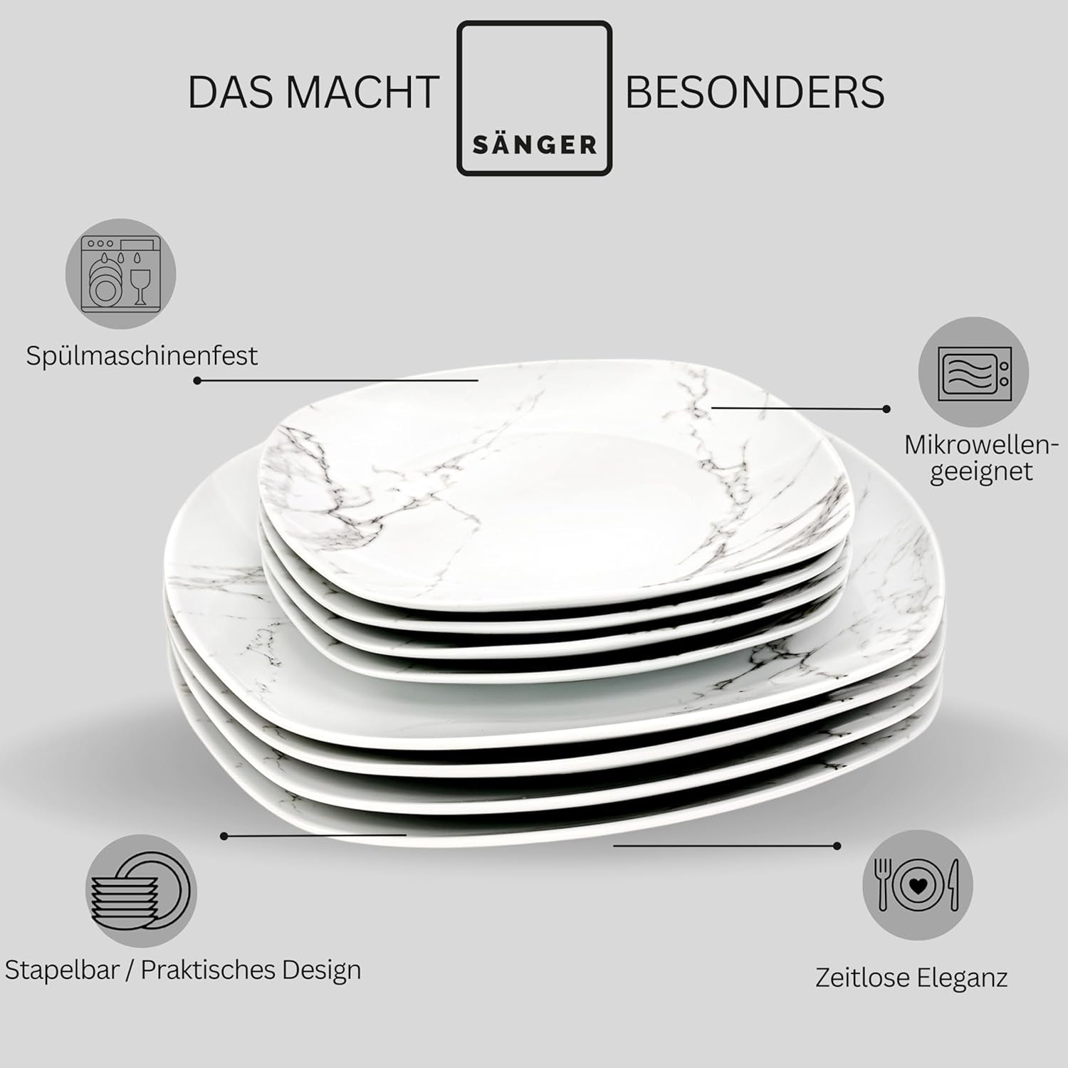 SANGER | Bilgola Juego de vajilla combinada de mármol Juego de vajilla de 36 piezas para 6 con platos llanos, platos de postre, platos de suma, tazones de cereales, platos de café y platillos de porcelana, cuadrado | LA COLECCIÓN PREMIUM