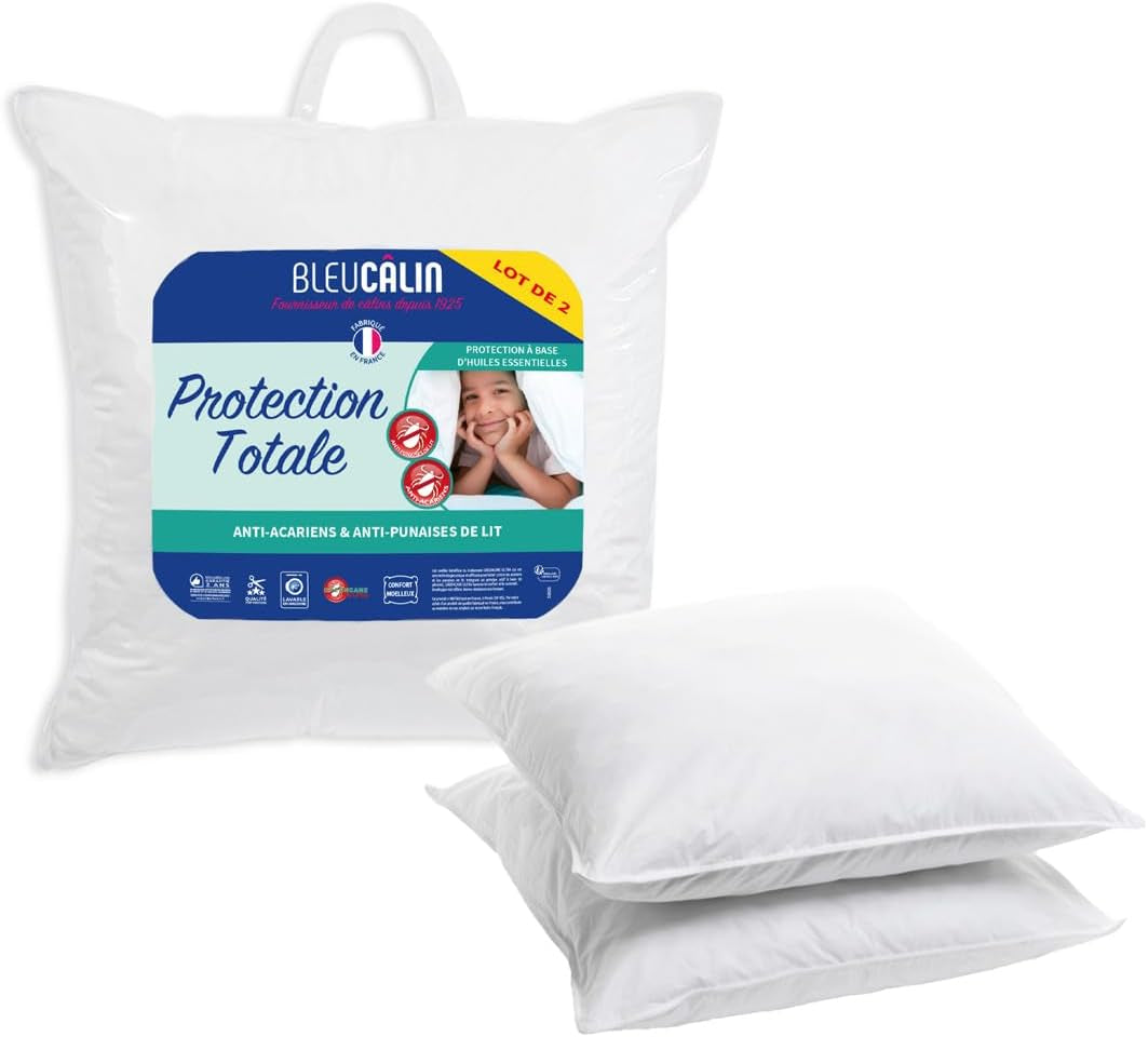 Bleu Câlin juego de 2 almohadas antiácaros, antiinsectos, confort esponjoso, 60 X 60 Cm, funda de microfibra, protección total, blanco Naty Shop almohadas estándar 60X60 Cm