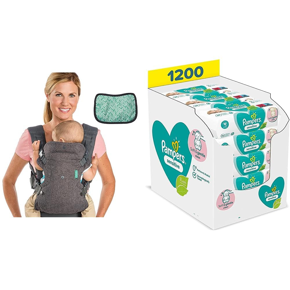 Pampers Sensitive Flip Advanced Mochila Porta Bebé 4 en 1 con Babero y Toallitas, 1200 Toallitas (15 x 80) para la Piel Sensible del Bebé, Dermatológicamente Probado, Essentials para Recién Nacidos