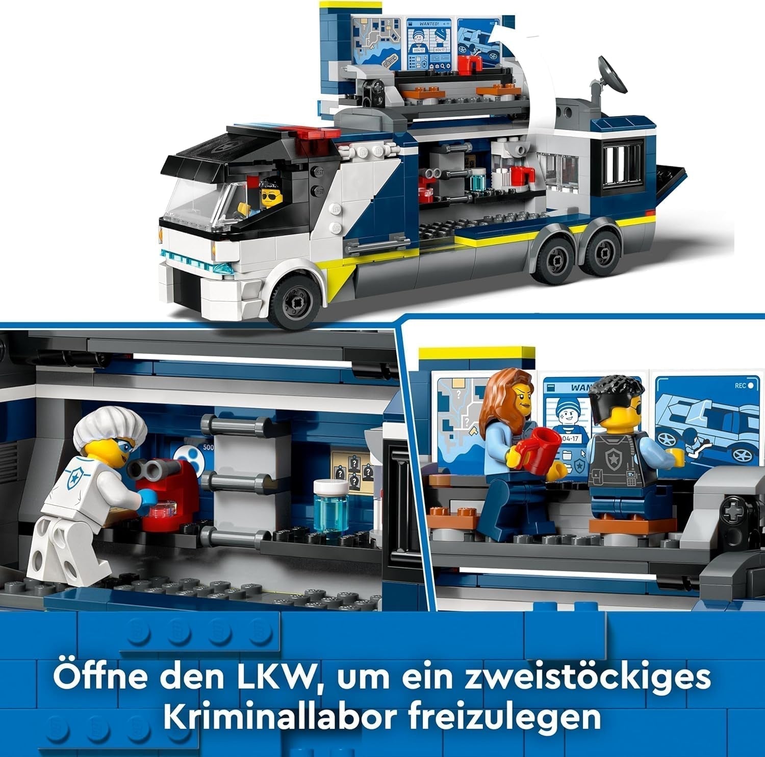 LEGO City Camión de policía con laboratorio, set de policía cuádruple y camión de juguete para niños, regalo para niños y niñas a partir de 7 años, además de 5 minifiguras: 2 policías, 1 científico y 2 ladrones 60418 Juegos de construcción Beuche den LEGO-Store