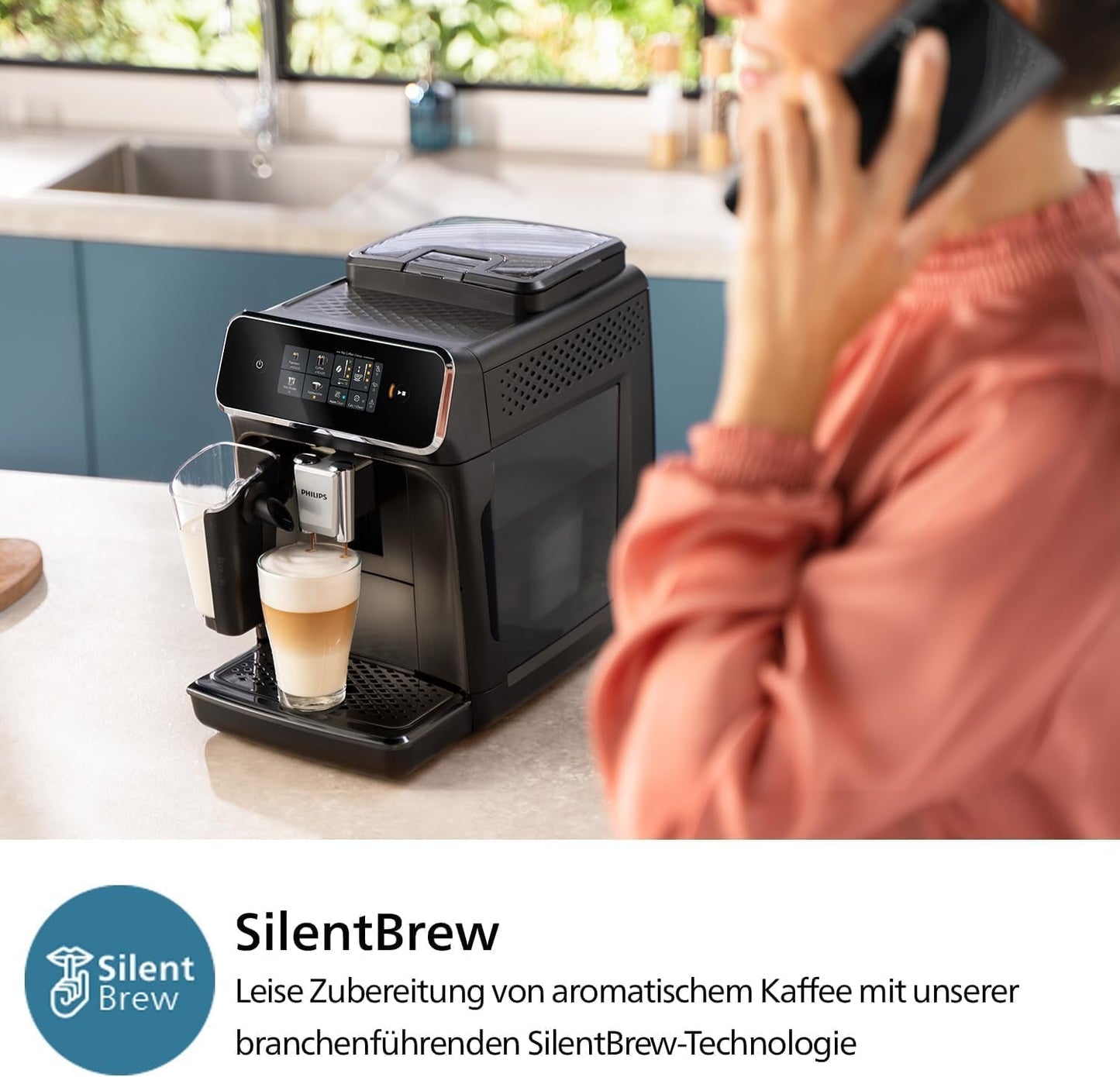 Cafetera espresso automática PHILIPS serie 2300 - 4 bebidas, moderna pantalla táctil a color, sistema de preparación de leche LatteGo, SilentBrew, molinillo 100% cerámico, filtro AquaClean. Negro mate (EP2330/10)