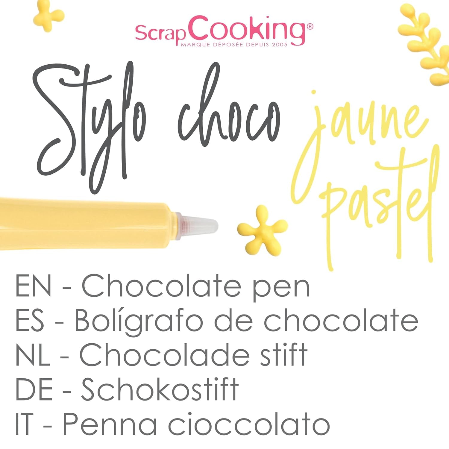 Scrapcooking - Bolígrafo de azúcar amarillo pastel - Azúcar de escritura amarillo 25 g - Bolígrafo de azúcar comestible decorativo - Escritura y dibujo - Etiquetado de fondant, glaseado, pasteles - 6804