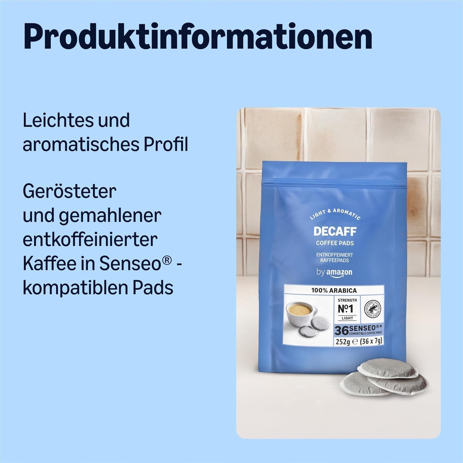 de Amazon Entkoffeinierte 100% Arábica-Kaffeepads, geeignet für Senseo-Maschinen, medium Röstung, 36 Stück (1 Packung mit 36 ​​​​Stück) – Certificado Rainforest Alliance