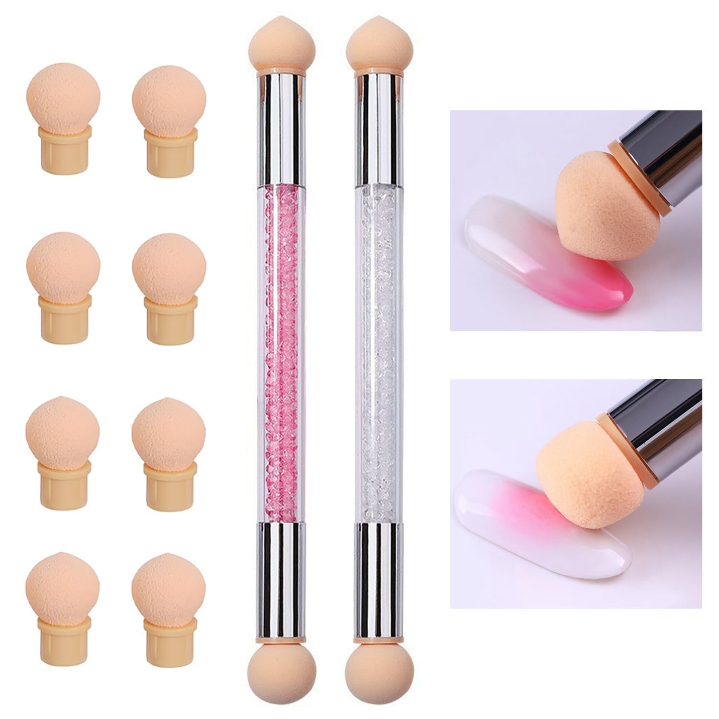 2 Stück Nail Art Rendering-Werkzeuge Doppelter Kopf, Aplicador De Pincel De Esponja Inkl 8 Ersatzköpfe, Nail Art Schwamm Und Tupfpinsel(Weiß, Rosa)
