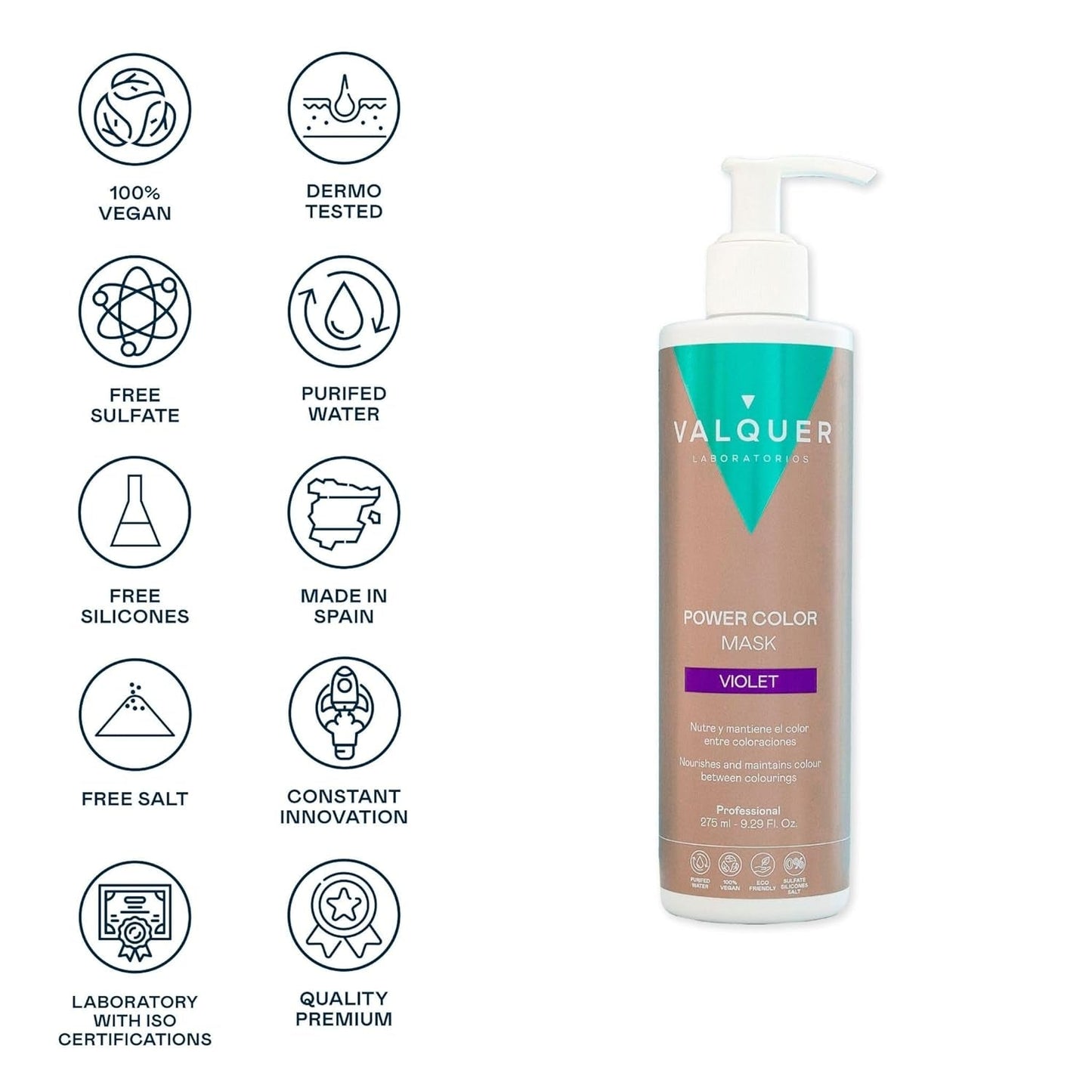 Valquer Power Color Mask formulación vegana y sin siliconas Da color al cabello 290 ml violeta Mascarilla capilar Naty Shop