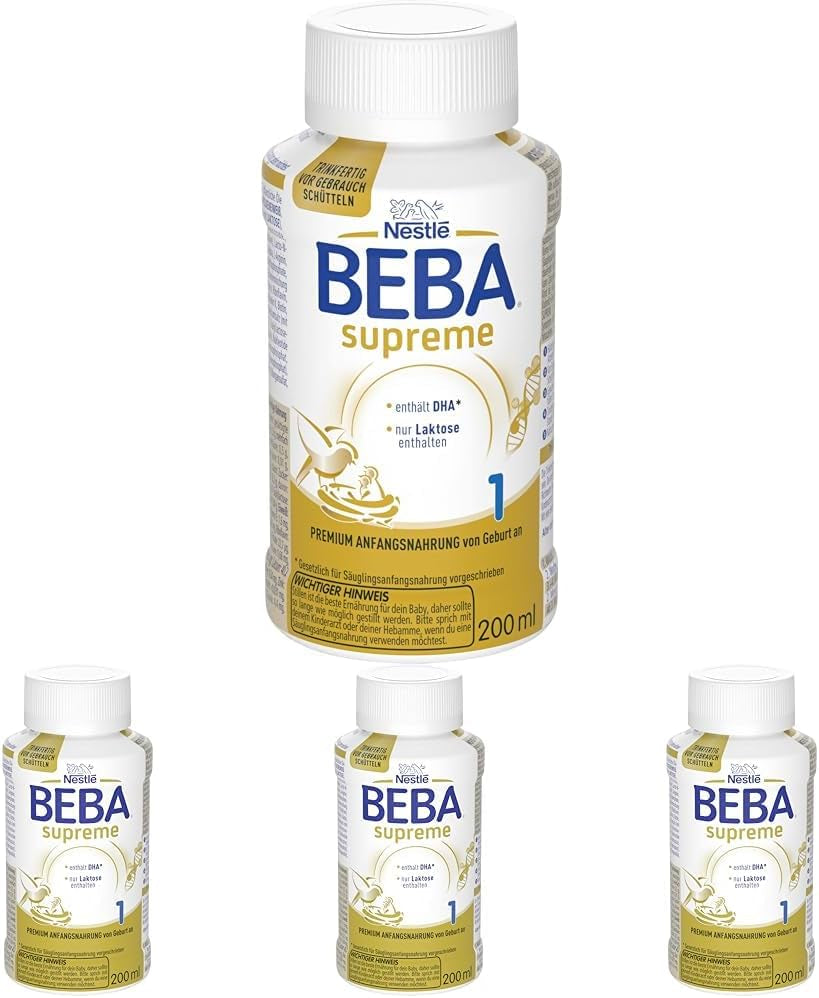 BEBA Nestlé BEBA SUPREME 1 Leche infantil: biberones listos para beber con Omega 3, pack de 4 (1 x 200 ml)