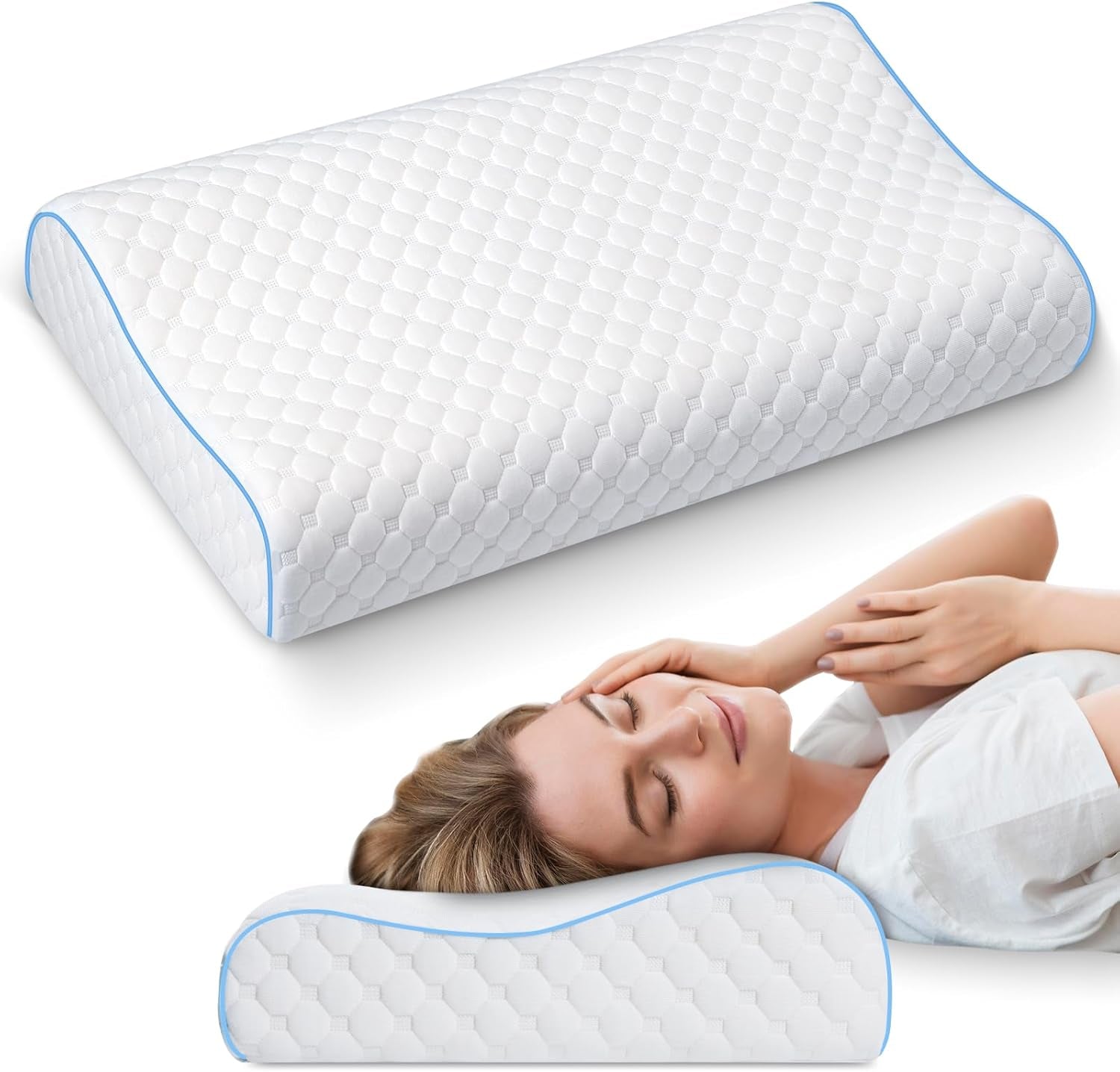 PHYSEN Almohada Ortopédica Almohada para el Cuello, Almohada de Soporte para el Cuello, Almohada de Espuma con Memoria, Almohada Ergonómica para el Dolor de Cuello Almohada para Dormir Almohada Antironquidos para Lados, Espalda y Abdomen (62*34*11 6.5CM) Almohadas Ortopédicas Cervicales Naty Shop Blanco-Azul
