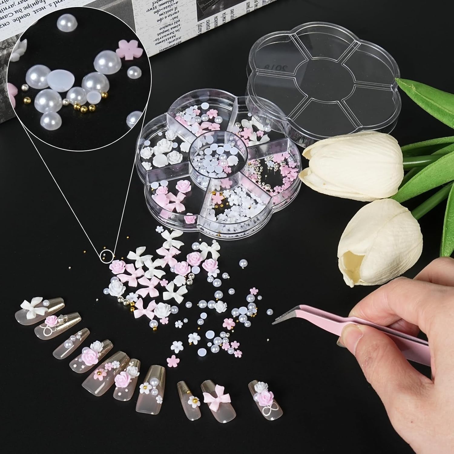 Amuletos de uñas 3D, Amuletos de arte de uñas Schleifen, Blumen Und Perlen, Nagel Charms Aus Harz, Nageldekorations Sets, DIY Charms Nägel, Nagelanhänger