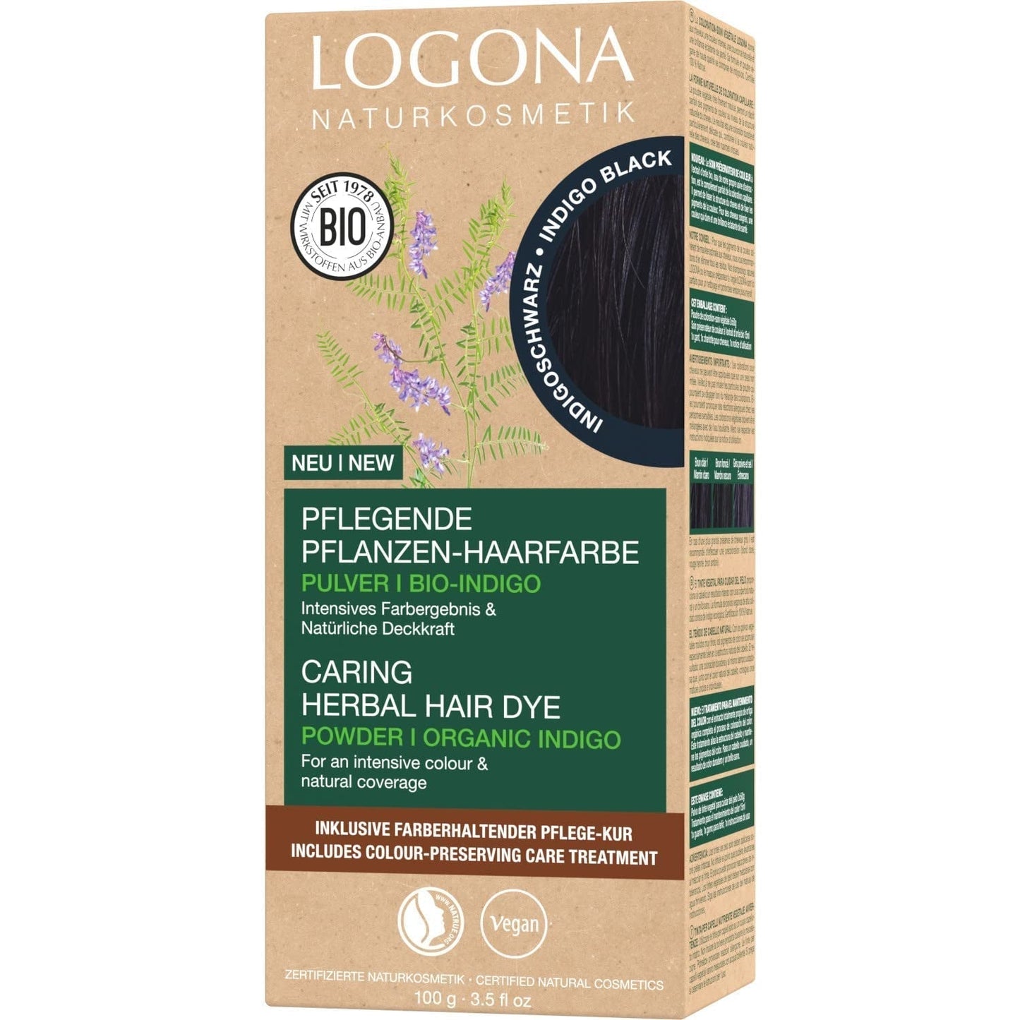 LOGONA Natural Cosmetics Tinte Capilar Nutritivo a Base de Hierbas, Henna Orgánica en Polvo, Tinte Capilar Vegano para un Color y Brillo Intensos, Tinte Capilar a Base de Hierbas en Rubio Cobrizo (Rubio), 1 x 100 g Naty Shop Tinte Capilar Negro Indigo 100 G (1 paquete)