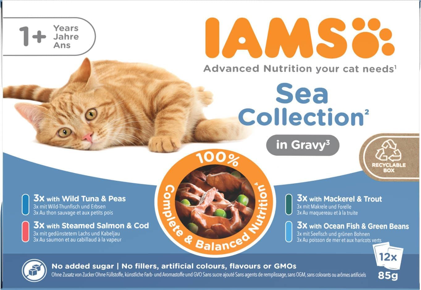 IAMS Delights Sea Collection Katzenfutter Nass - Multipack con pescado clasificado (Lachs, Thunfisch, Caballa, Seefisch) en salsa, Nassfutter para Katzen de 1 año, 12 x 85 g