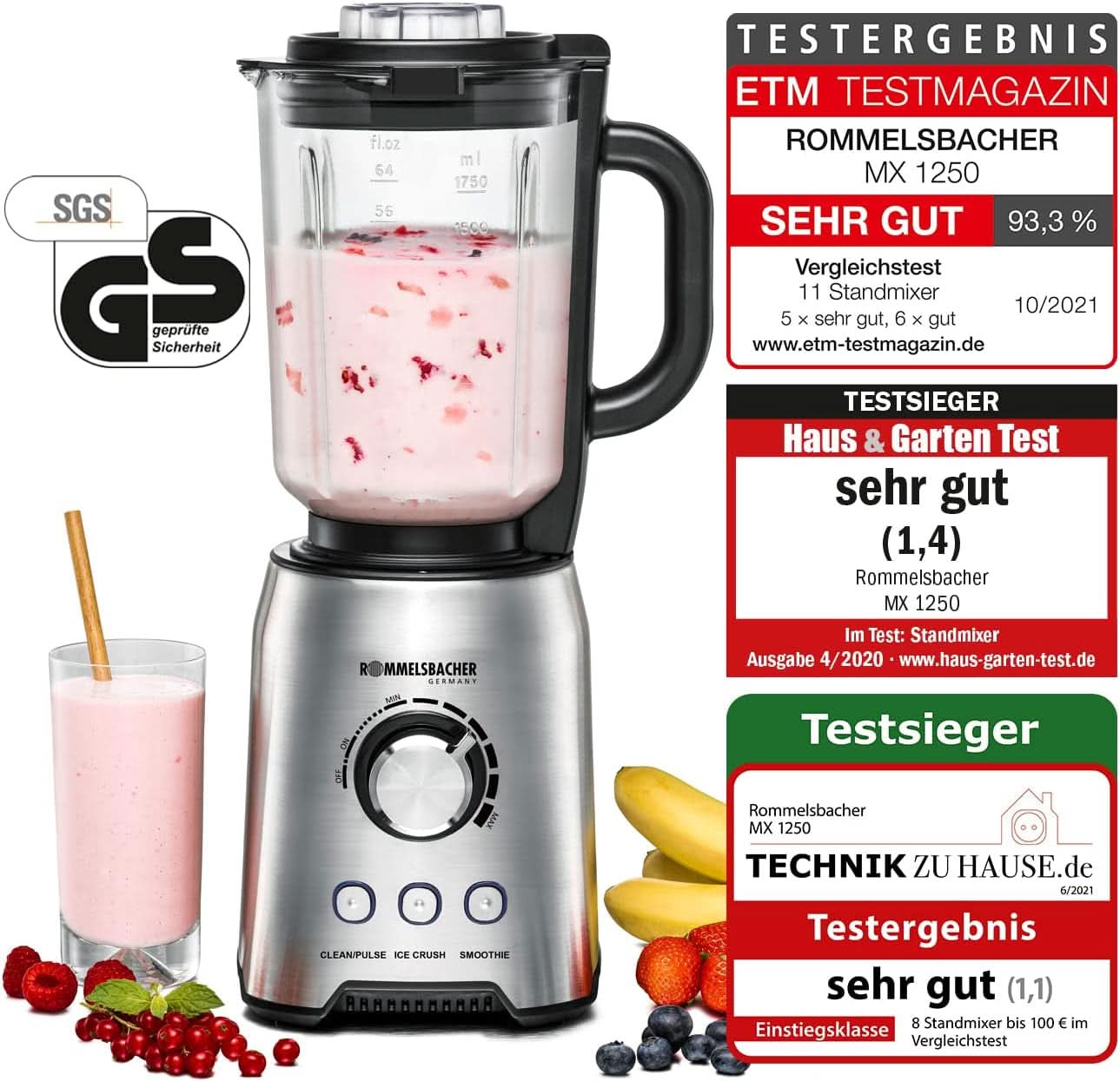 ROMMELSBACHER Batidora de pie MX 1250-22.000 U/Min, Stufenlose Drehzahlregulierung, Funktionsstasten (Smoothie, Clean/Pulse, Ice Crush), Glaskrug, Edelstahlgehäuse, Spezialmesser, 1200 Watt Cocina Naty Shop