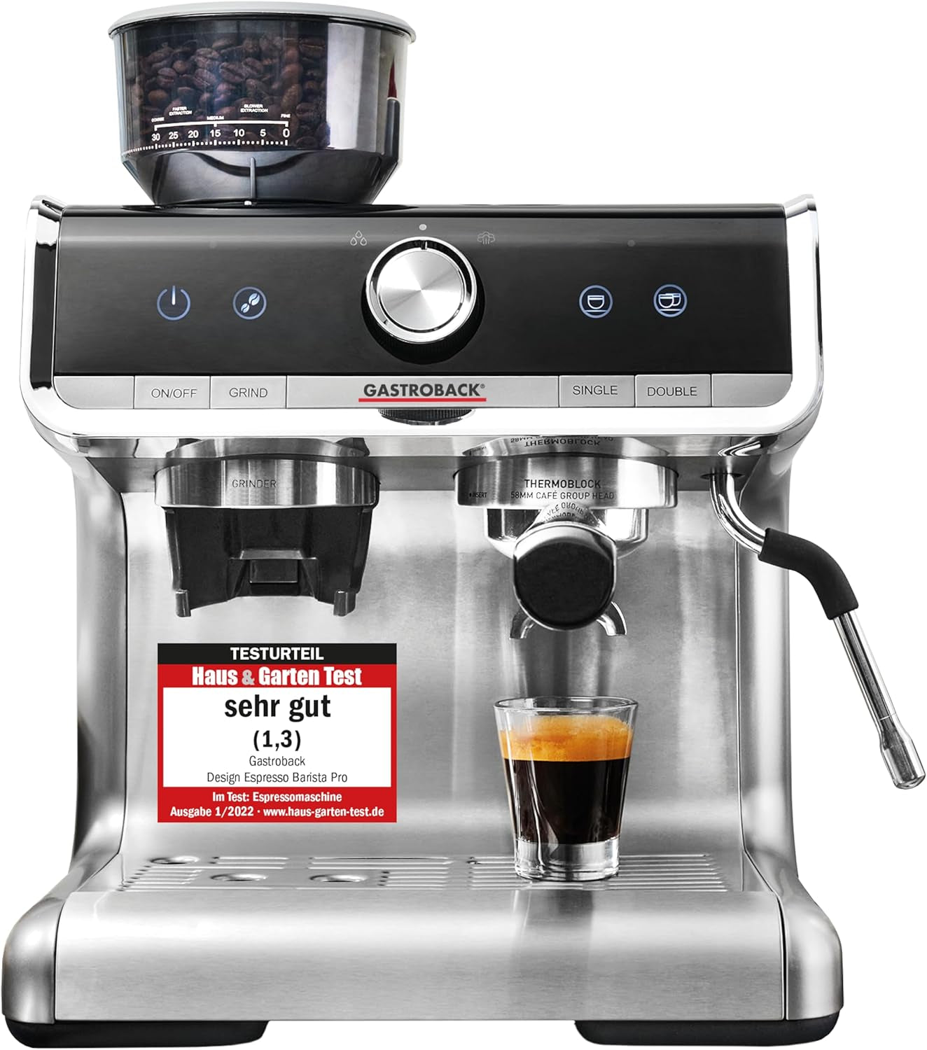 Cafetera espresso GASTROBACK con molinillo que incluye jarra de leche, prensador y portafiltro de acero inoxidable - Cafetera espresso Barista con espumador de leche - Cafetera espresso con 30 niveles de molienda
