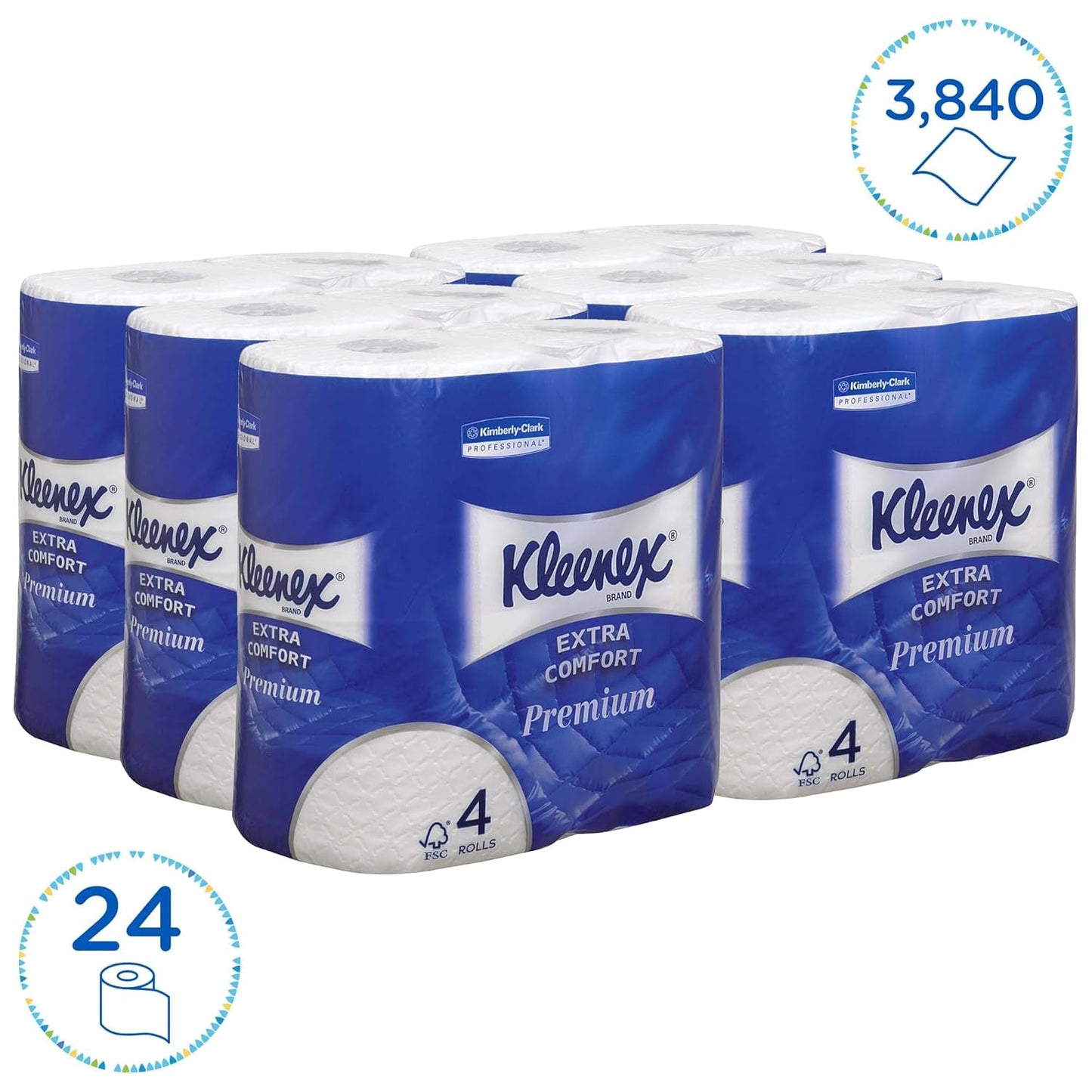 Rollos de papel higiénico Kleenex Premium 8484, papel higiénico 24 rollos x 160 hojas infladas, papel higiénico de 4 capas, 100% fibra pura, alta calidad, resistente al desgarro y suave (paquete de 2)