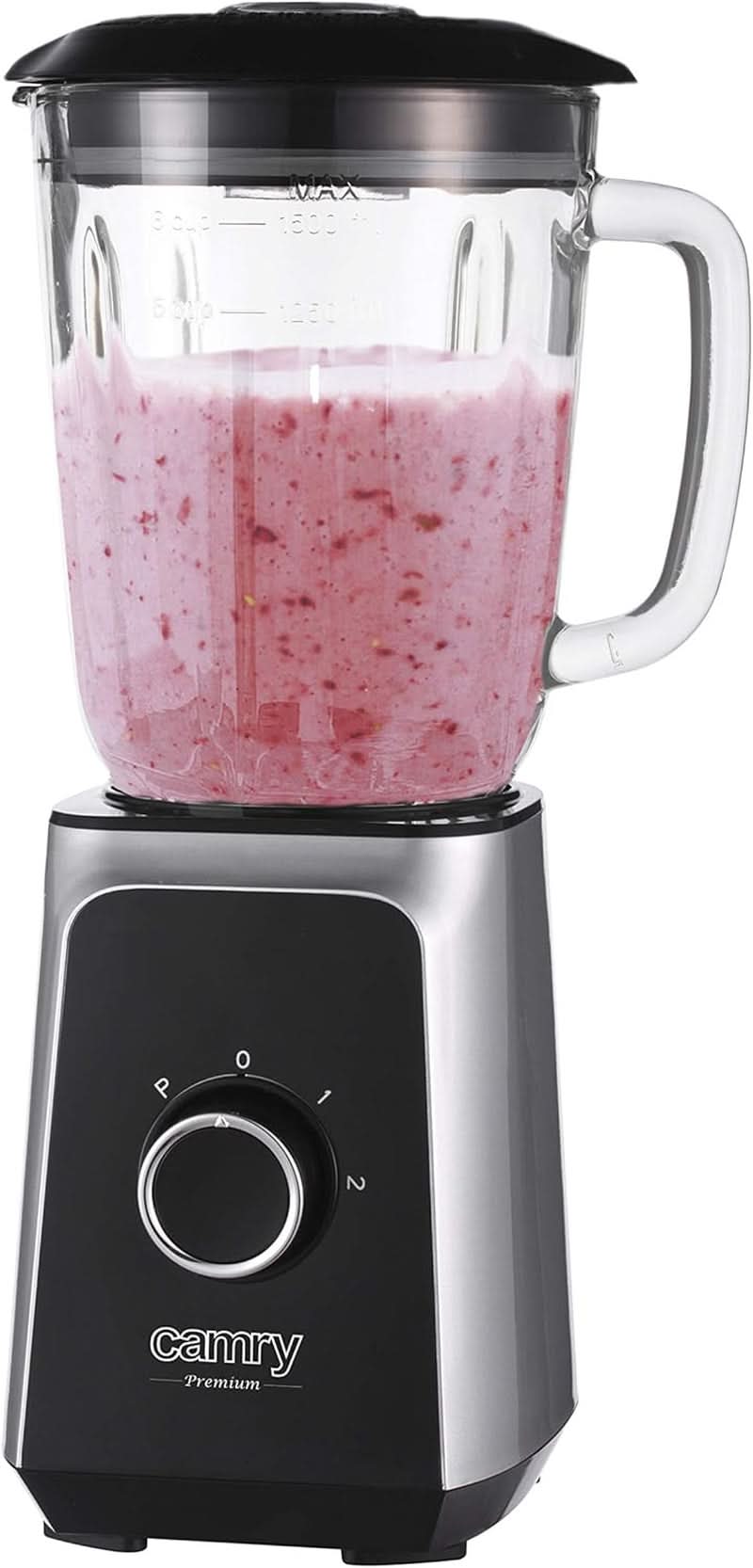 CR 4077 Batidora con base con vaso de cristal de 1,5 l, batidora, batidora alta, Mahlung, Eis-Zerkleinerung, Pulsfunktion, Edelstahlklingen, 2 Geschwindigkeiten, 1000W, Schwarz/Silber Kitchen Naty Shop