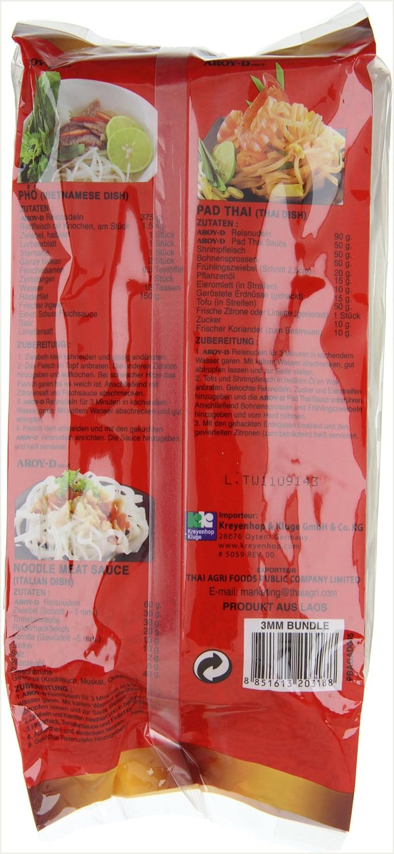 Fideos de arroz Aroy-D sin gluten paquetes de 3 mm (1 paquete x 375 g)