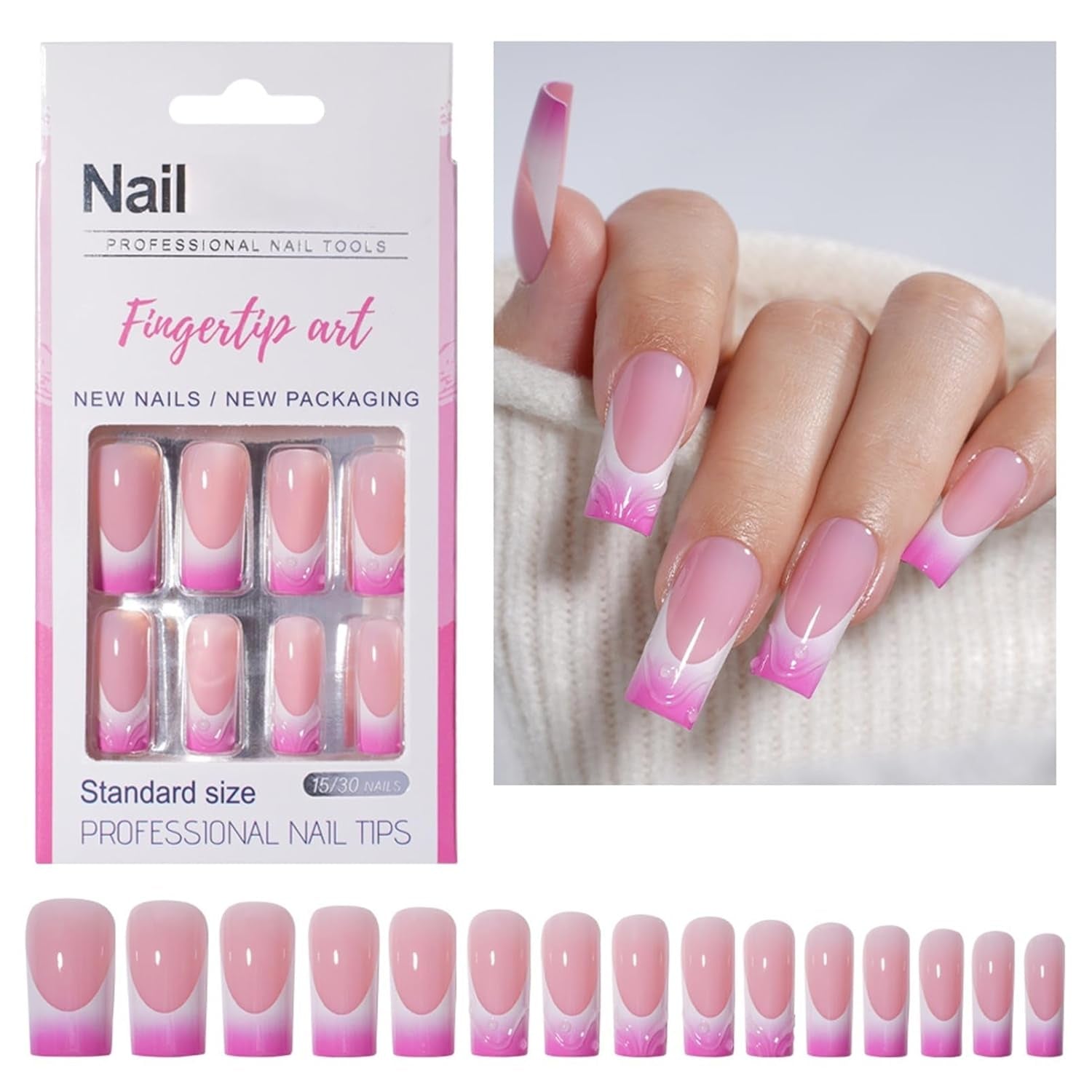 30 uñas postizas francesas – Pegamento en uñas artificiales – Uñas de gel suave para mujer – Uñas adhesivas acrílicas manicura cuadrada (rosa francés)